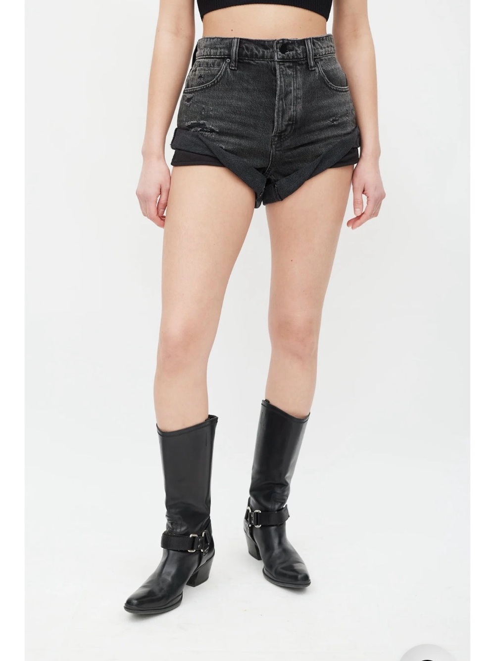 Alexander Wang Black Gray Distressed High-Rise Hike Denim Shorts. Fit size 24,25